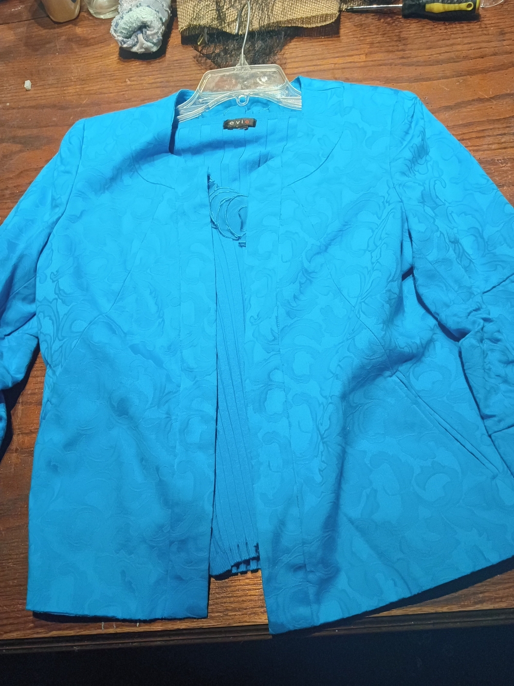 Vintage EVIE Bright Blue Open-Front Jacquard Blazer And Sweater Blouse Set